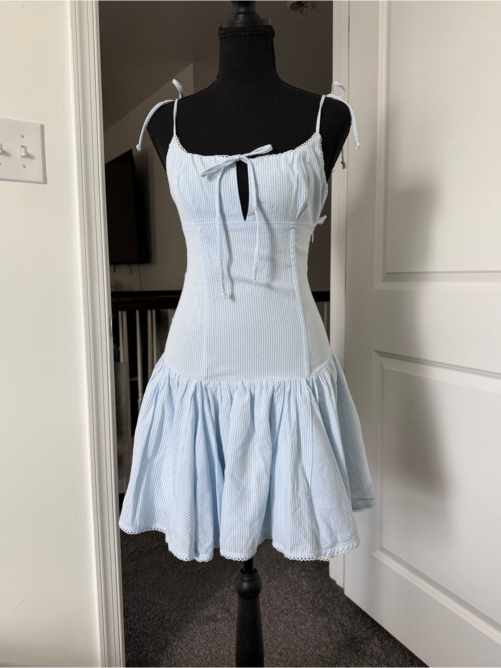 Stellah Light Blue Striped Tie-Front Mini Dress